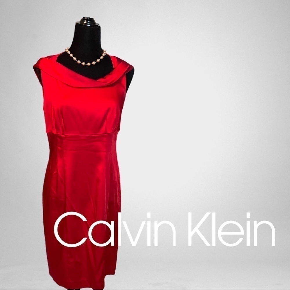CALVIN KLEIN Cowl Neck Sophisticated And Sexy Satin Red CocktailDress NWT Sz 8 - Picture 2 of 9